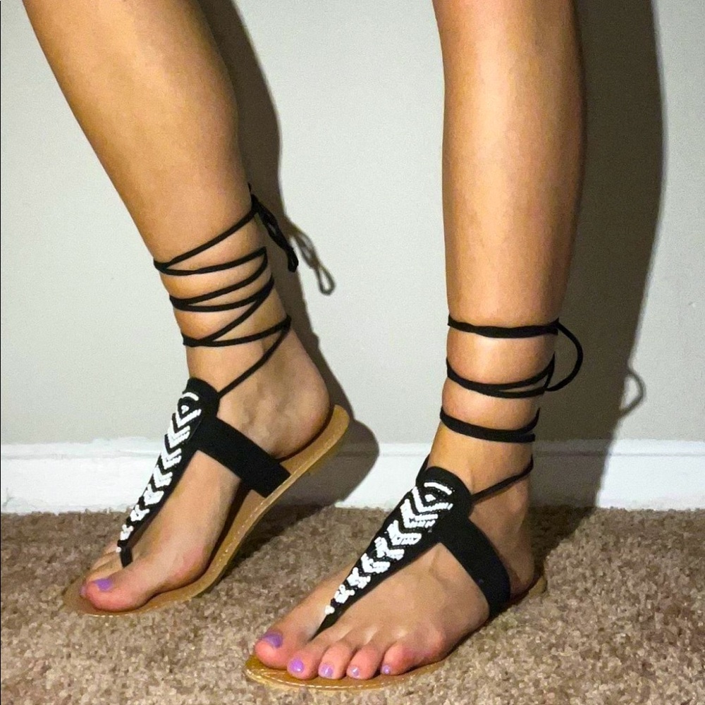 Black & White Lace Up Ankle Sandals